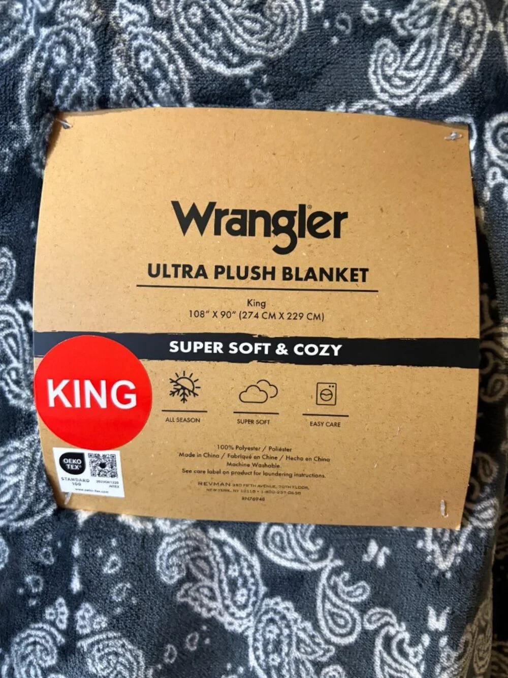 Wrangler King Paisley Ultra Plush Blanket Gray White Western 108x90 NWT
